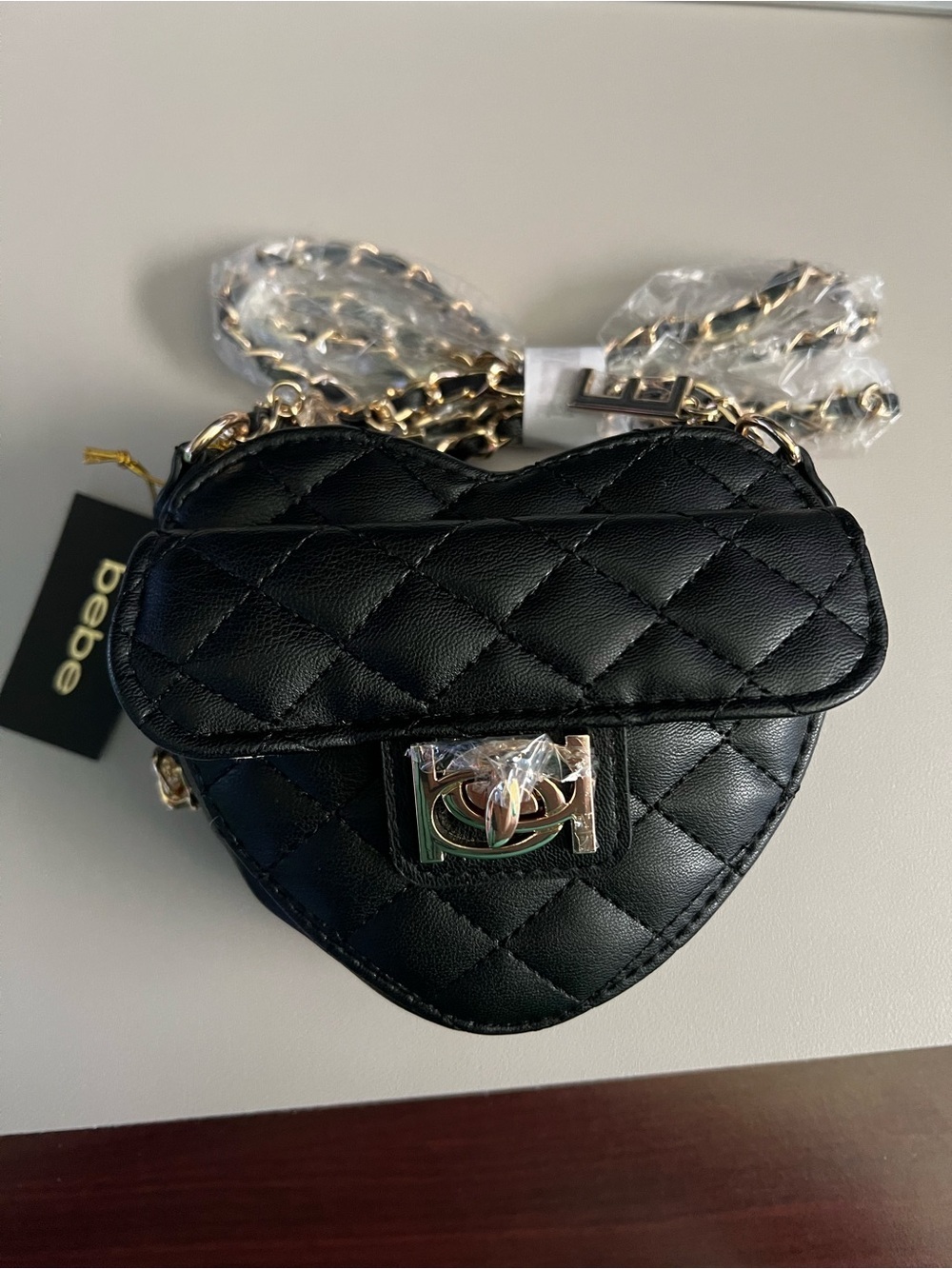 bebe Black Quilted Heart Mini Crossbody with Gold Hardware
